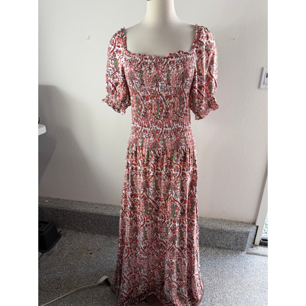 Max Studio Womens Large Floral Paisley Smocked Maxi Dress Short Sleeve Tiered